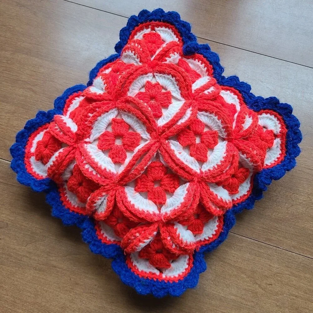 Vintage Crochet Granny Pillow Christmas Handmade